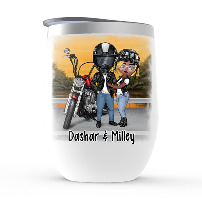 Motorcycle Couple Hugging, Riding Partners - Personalized Wine Tumbler For Motorcycle Lovers, Bikers