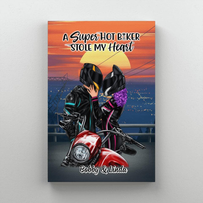 A Super Hot Biker Stole My Heart - Personalized Canvas For Couples, Him, Her, Motorcycle Lovers