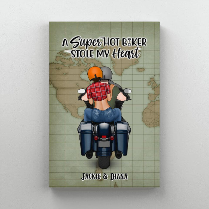 A Super Hot Biker Stole My Heart - Personalized Canvas For Couples, Motorcycle Lovers