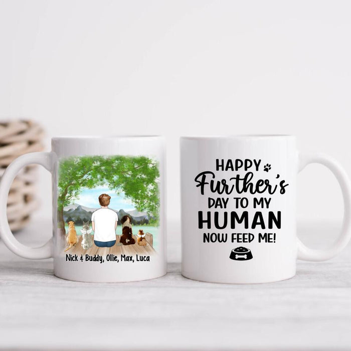 Up To 4 Dogs Happy Further's Day To My Human Now Feed Me - Personalized Mug For Dog Dad, Father's Day