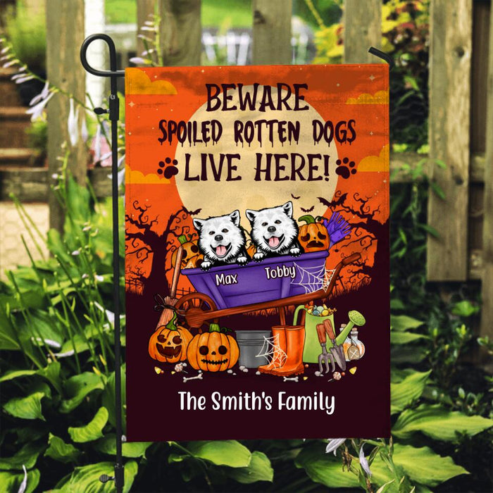 Personalized Garden Flag, Up To 6 Dogs, Beware Spoiled Rotten Dogs Live Here, Halloween Gifts for Dog Lovers