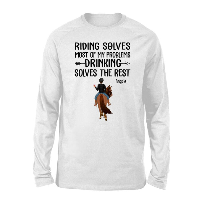 Personalized T-shirt, Girls Riding Horse and Drinking, Gift for Horse Lovers & Friends