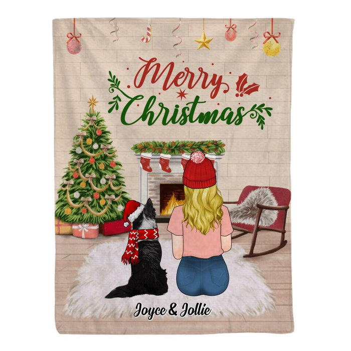 Personalized Blanket, Merry Christmas Girl with Dogs, Xmas Gift for Dog Lovers