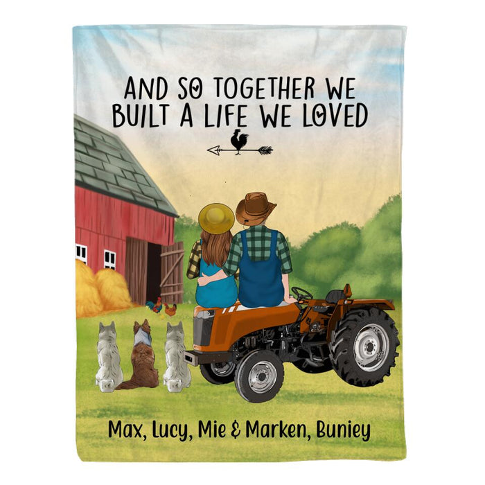 Personalized Blanket, Farming Couple On Tractor With Dogs, Gift For Farmers, Gift For Dog Lovers