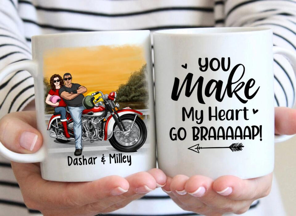 Personalized Mug, You Make My Heart Go Braaaaap - Motorcycle Couple Front View, Gift For Motorcycle Lovers