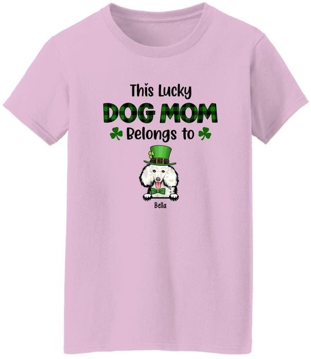 Personalized This Lucky Dog Mom Belongs to Dogs Shirt, Custom St Patricks Day Dog Mom Shirt for Dog Lovers