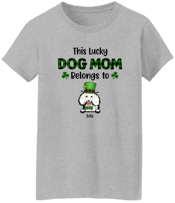 Personalized This Lucky Dog Mom Belongs to Dogs Shirt, Custom St Patricks Day Dog Mom Shirt for Dog Lovers