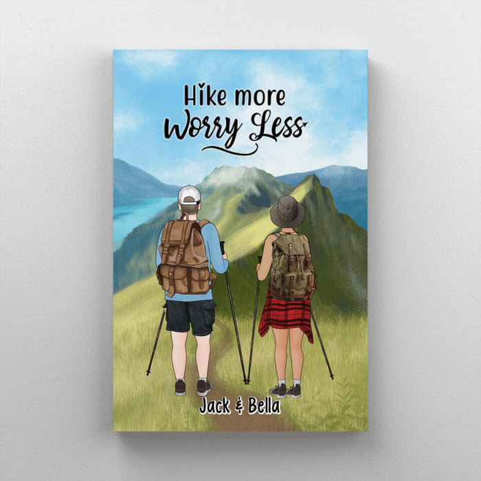 Hike More Worry Less, Hiking Couple And Dogs - Personalized Gifts Custom Hiking Canvas for Couples, Hiking Lovers, Dog Lovers