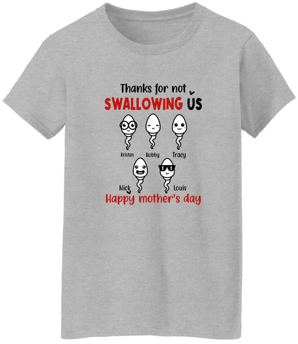 Thanks for Not Swallowing Us Custom Kid Name - Personalized Gifts Custom Shirt for Mom, Funny Mother's Day Gift