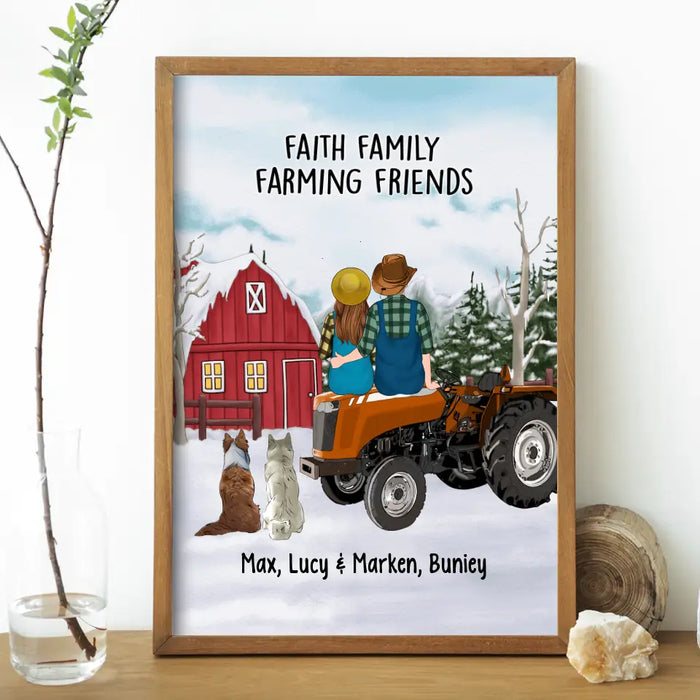 Personalized Canvas/Poster, Farming Couple On Tractor With Dogs, Winter Theme, Gift For Farmers And Dog Lovers