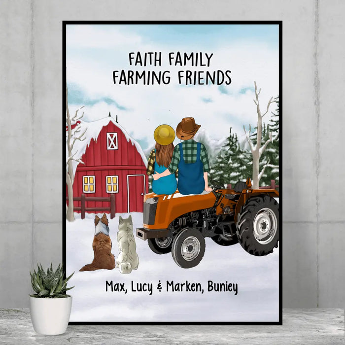 Personalized Canvas/Poster, Farming Couple On Tractor With Dogs, Winter Theme, Gift For Farmers And Dog Lovers