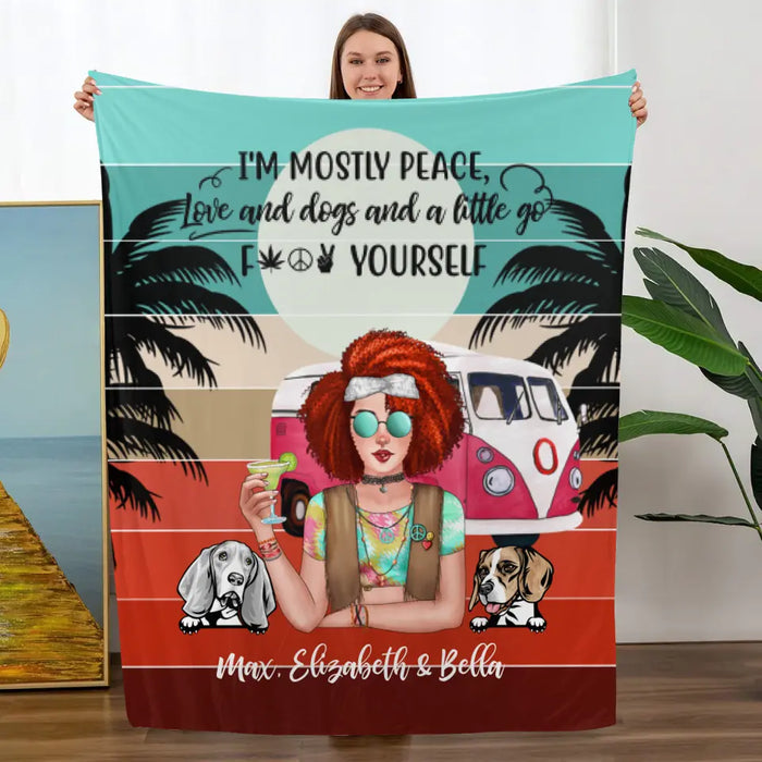 Personalized Blanket, Hippie Girl with Dogs Custom Gift For Dog and Hippie Lovers