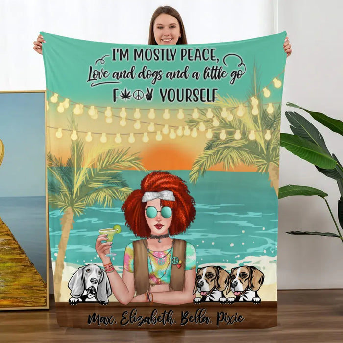 Personalized Blanket, Hippie Girl with Dogs On The Beach, Gifts For Hippie and Dog Lovers