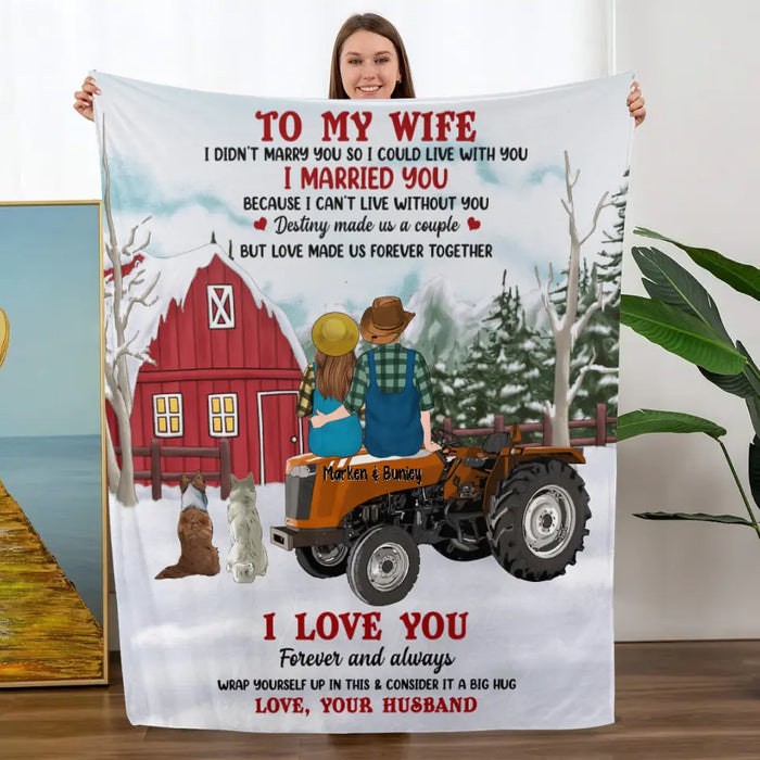 Personalized Blanket, To My Wife - Couple On Tractor With Dogs, Christmas Gift For Farmers And Dog Lovers, Gift For Her