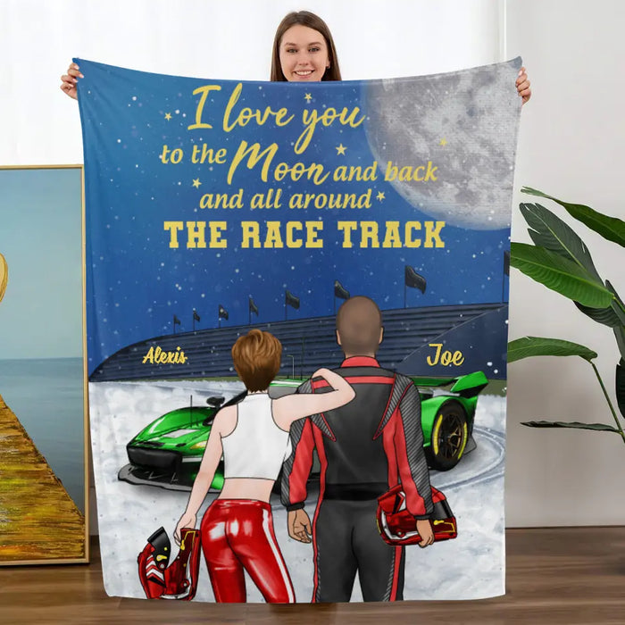 I Love You To The Moon And Back, The Rack Track - Personalized Gifts Custom Racing Blanket For Him For Couples, Racing Lovers