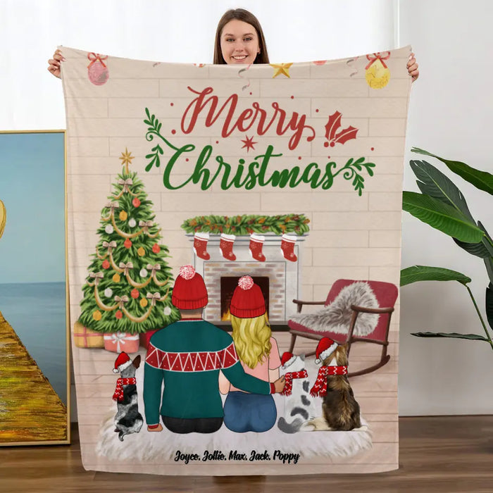 Personalized Blanket, Merry Christmas Couples with Pets, Xmas Gift for Dog Lovers, Cat Lovers