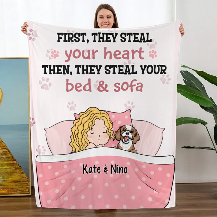 Personalized Blanket, Sleeping With Pets, First They Steal Your Heart Then They Steal Your Bed, Gift For Dog Lovers, Cat Lovers