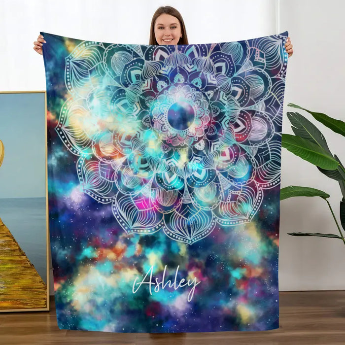 Personalized Blanket, Bohemian Hippie Mandala Flower on Colorful Universe Nebula Background, Gift For Mandala Lovers