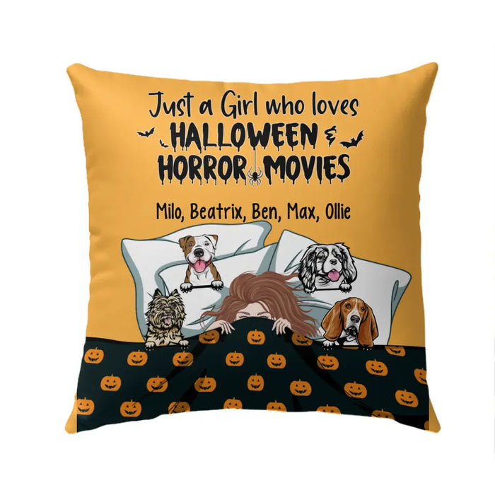 Personalized Pillow, Up To 4 Dogs, Sleeping Girl With Dogs, Halloween Gift For Dog Lovers