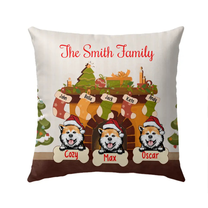 Personalized Pillow, Christmas Fireplace With Dogs, Christmas Gift For Family, Dog Lovers