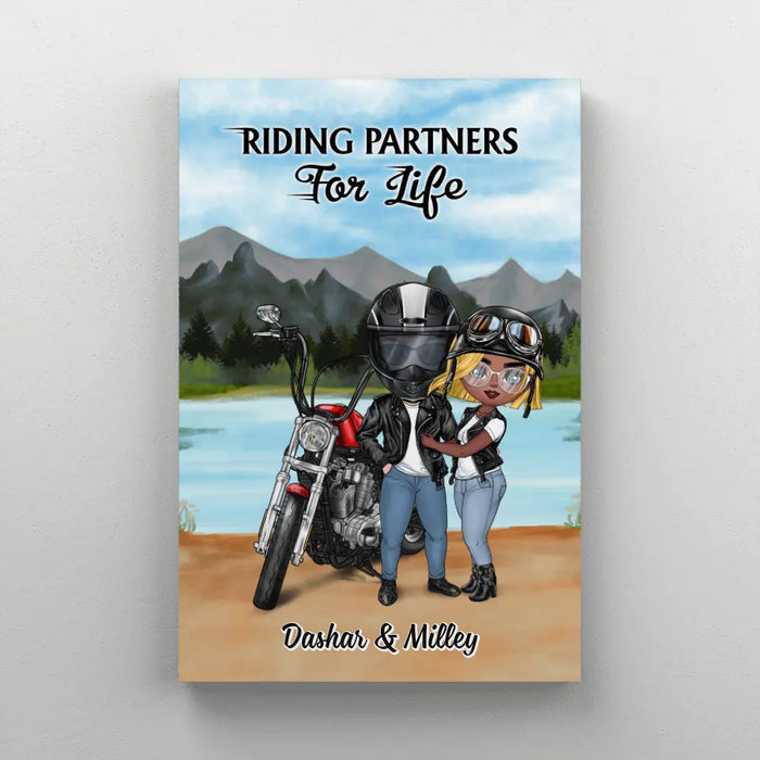 Motorcycle Couple Hugging, Riding Partners - Personalized Canvas For Motorcycle Lovers, Bikers