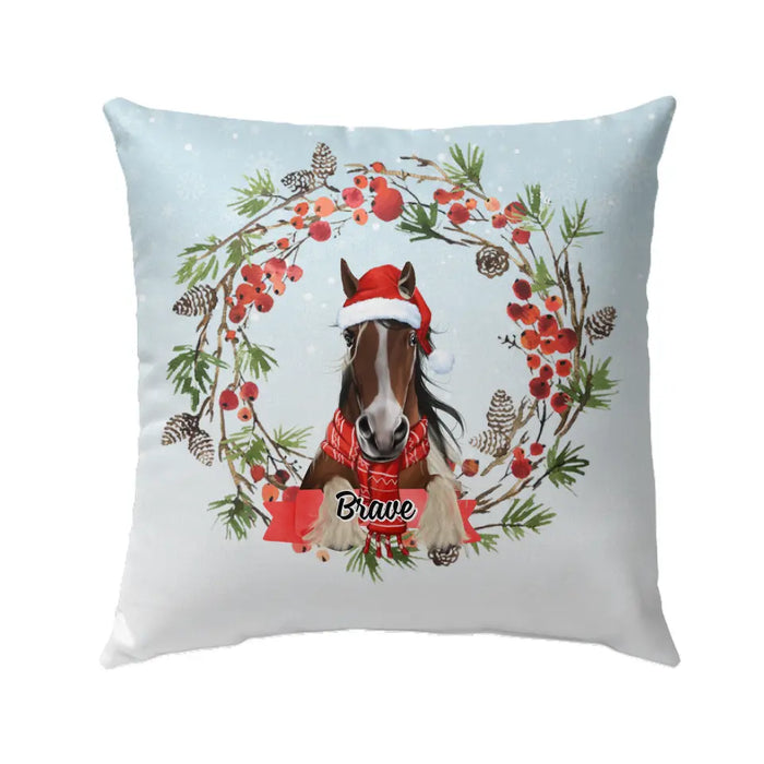 Personalized Pillow, Horse Wreath, Christmas Gift For Horse Lovers