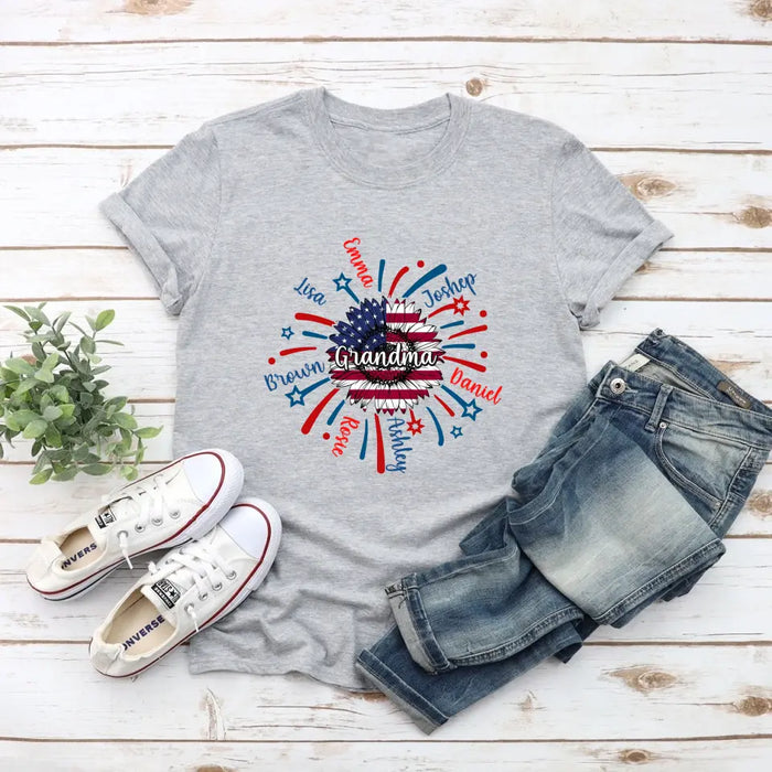 Grandma Sunflower American Flag Custom Kids Name - Personalized Gifts Custom Shirt Nana for Grandma