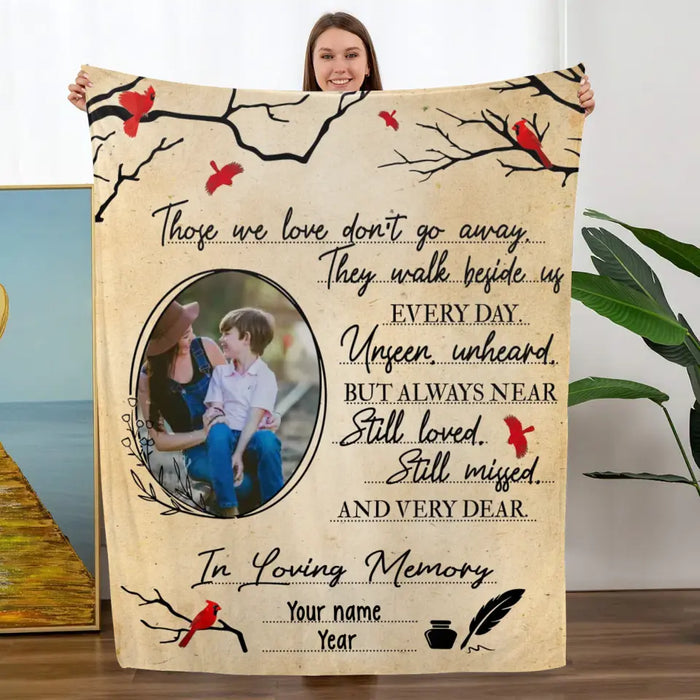 Those We Love Don't Go Away They Walk Beside Us Every Day - Personalized Photo Upload Gifts Custom Memorial Blanket for Mom, for Dad