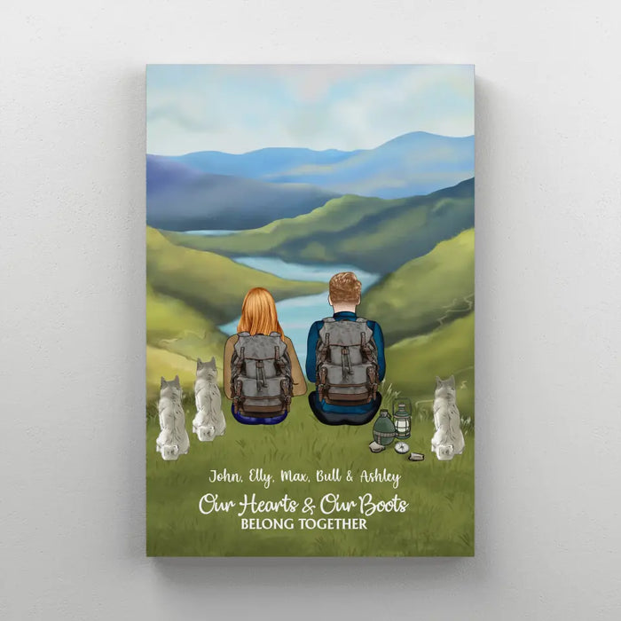 Our Hearts and Our Boots Belong Together - Personalized Gifts Custom Hiking Canvas for Couples, Gift For Hiking Lovers, Dog Lovers