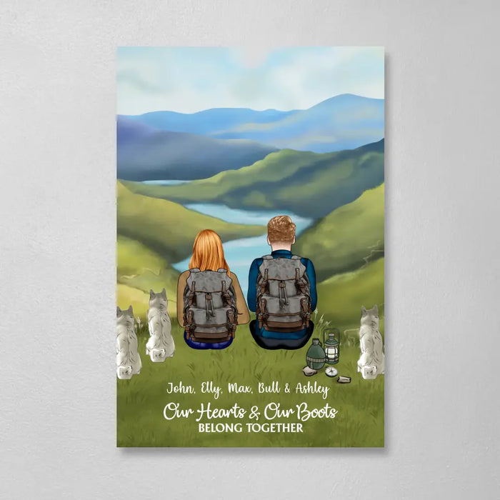 Our Hearts and Our Boots Belong Together - Personalized Gifts Custom Hiking Canvas for Couples, Gift For Hiking Lovers, Dog Lovers