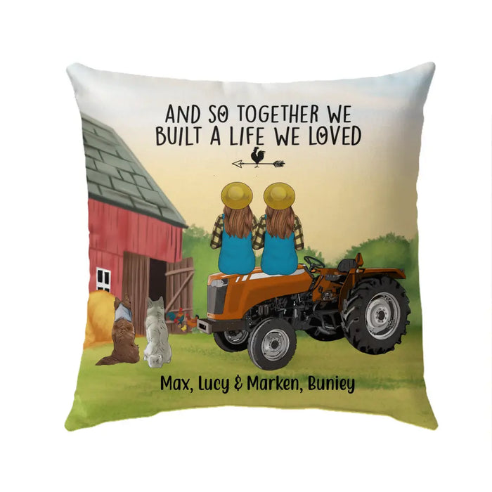 Personalized Pillow, Farming Sisters On Tractor With Dogs, Gift For Farmers, Gift For Dog Lovers