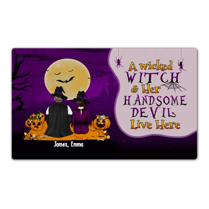 A Wicked Witch Her Handsome Devil Live Here - Personalized Gifts Custom Halloween Doormat For Couples