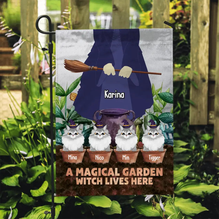 A Magical Garden Witch Lives Here - Personalized Halloween Gifts Custom Garden Flag For Witches, Cat Lovers