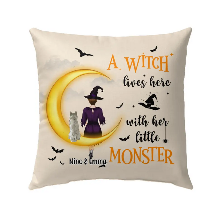 Personalized Pillow, A Witch Lives Here With Her Little Monsters - Halloween Gift, Gift For Dog Lovers, Cat Lovers