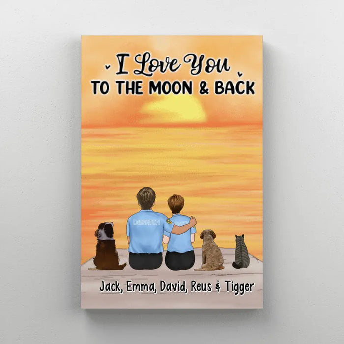 I Love You to the Moon and Back, Couple with Dog/Cat - Personalized Gifts Custom Canvas for Couples, Nurse Gifts, Police Officer Gifts