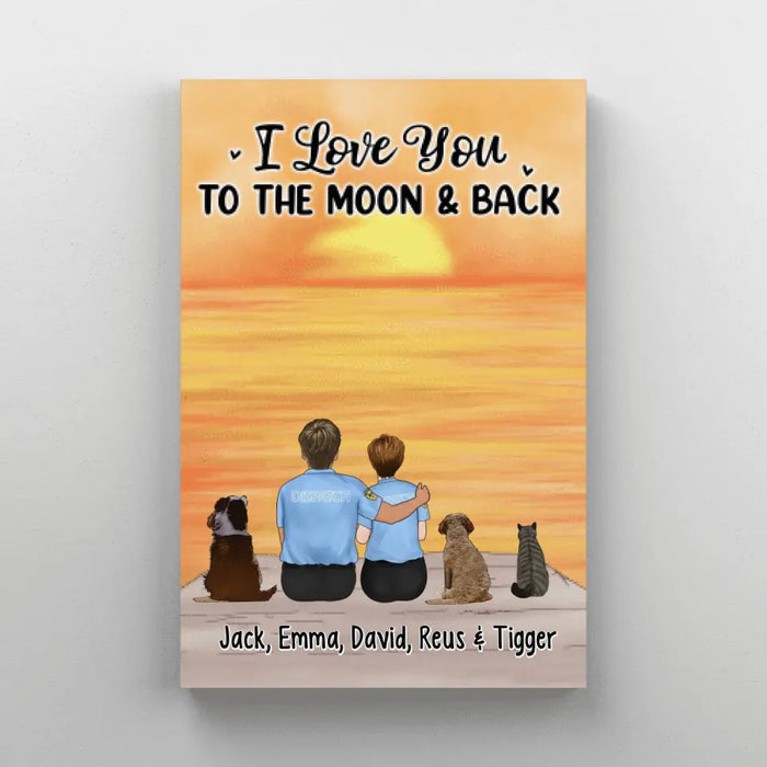 I Love You to the Moon and Back, Couple with Dog/Cat - Personalized Gifts Custom Canvas for Couples, Nurse Gifts, Police Officer Gifts