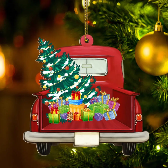 Couple In Red Truck - Personalized Christmas Gifts Custom Wooden Ornament For Couples