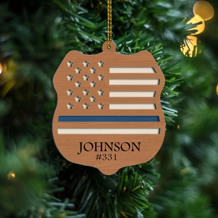 Thin Blue Line Police Badge - Personalized Gifts Custom Layered Wooden Ornament For Police Officers