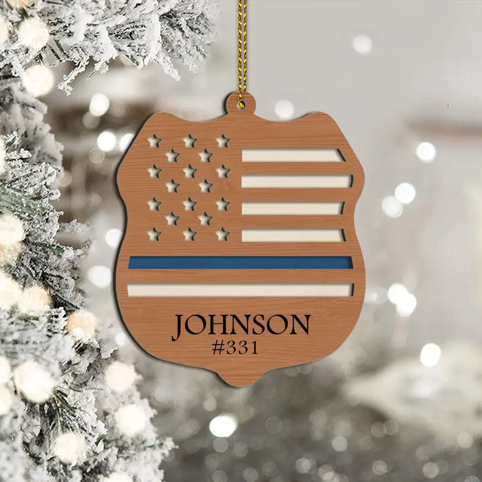 Thin Blue Line Police Badge - Personalized Gifts Custom Layered Wooden Ornament For Police Officers