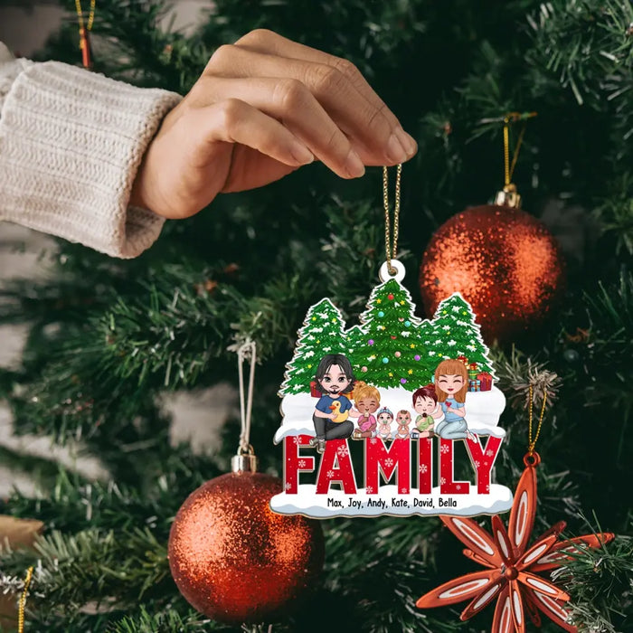 Family Sitting In Christmas Tree - Personalized Christmas Gifts Custom Wooden Ornament For Family