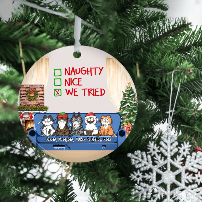 Naughty Nice We Tried Funny Cat On Sofa - Personalized Christmas Gifts Custom Ornament for Cat Lovers