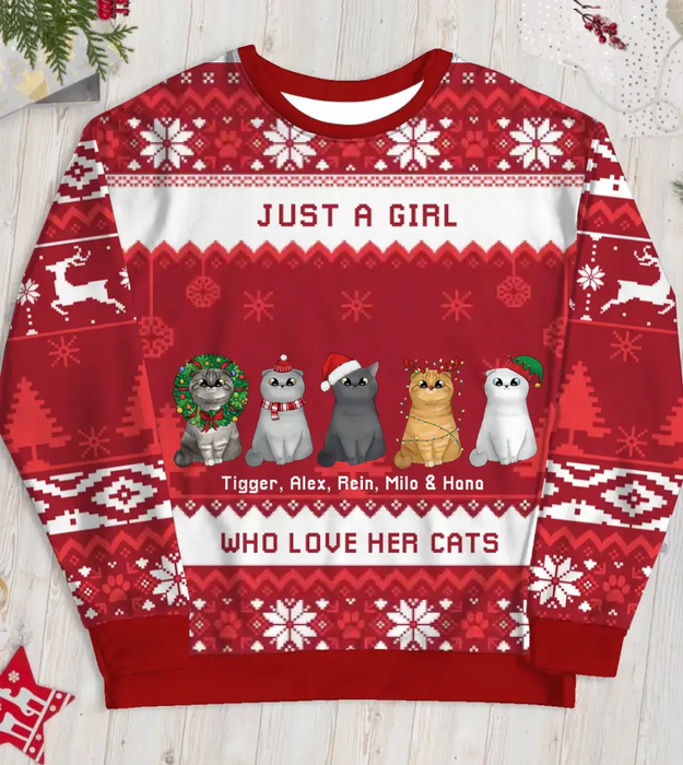 Just A Girl Who Love Her Cats - Personalized Custom Unisex Ugly Christmas Sweater, Christmas Gift For Her, Cat Lovers