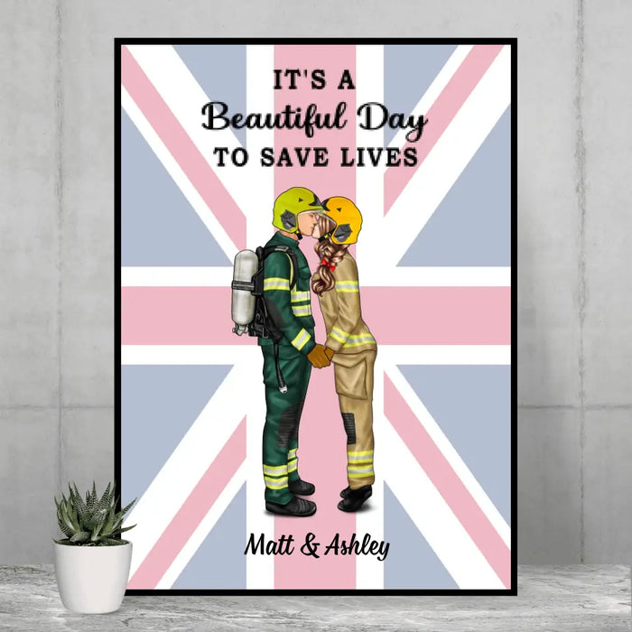 Saving Lives Together Great Britain Flag - Personalized Poster, Couple Portrait, Firefighter, EMS, Nurse, Police Officer, Military Gifts