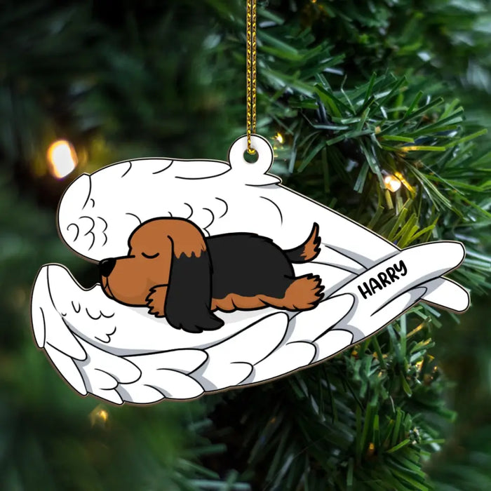 Dog Sleeping In Angel Wings - Personalized Gifts Custom Wooden Ornament For Loss of Pet, Dog Loss Sympathy Gifts