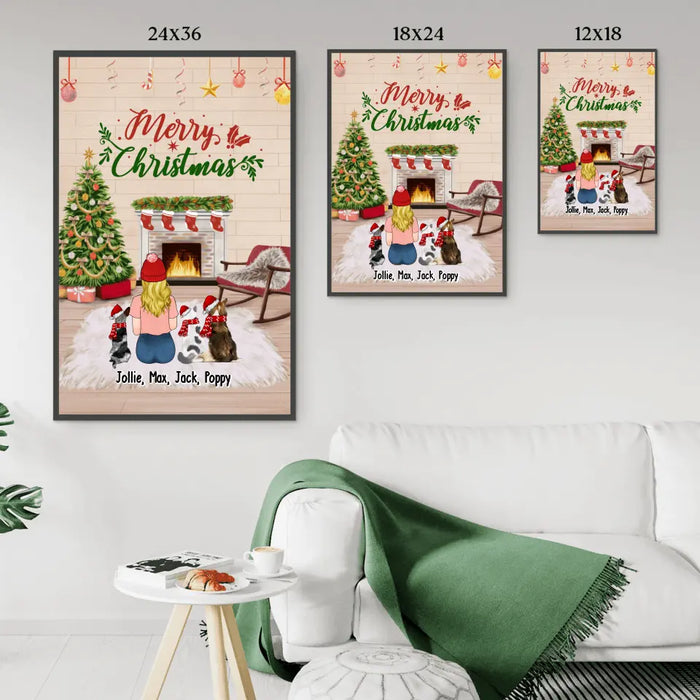 Personalized Poster, Merry Christmas Girl with Pets, Xmas Gift for Her Dog Lovers, Cat Lovers