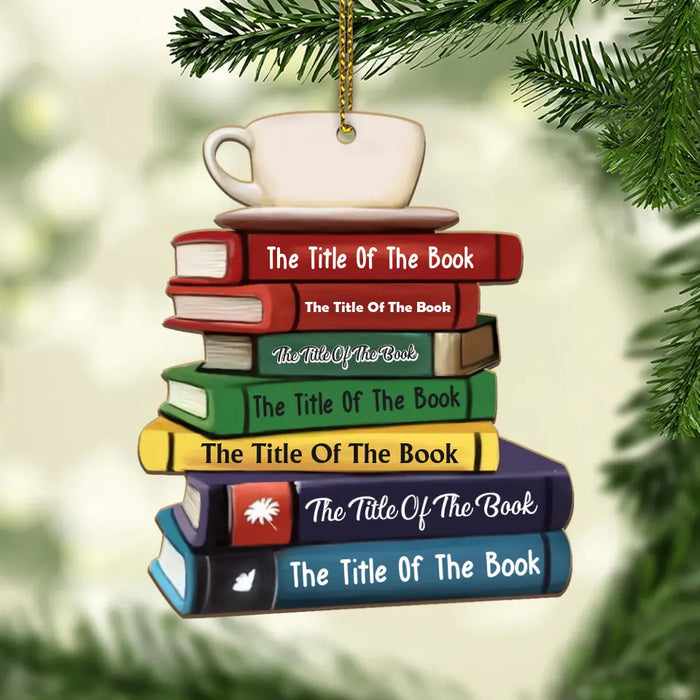 Book Stack With Tea 2 - Personalized Gifts Custom Wooden Ornament For Her, Book Lovers