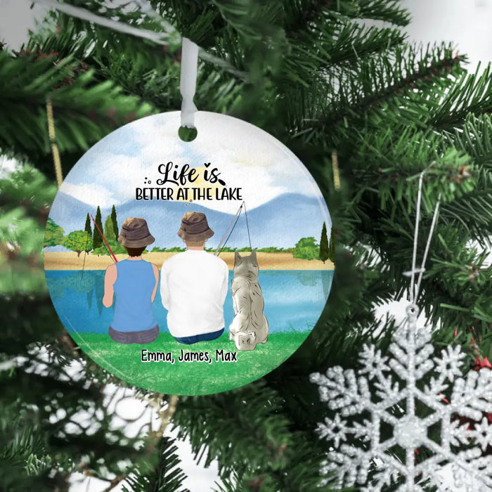 Personalized Ornament, Fishing Couple with Dogs, Christmas Gift for Fishing Lovers