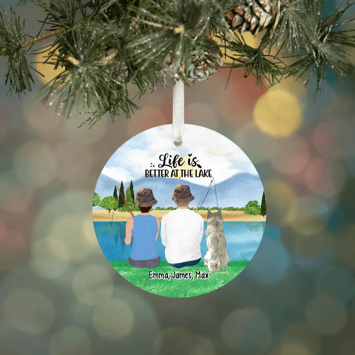 Personalized Ornament, Fishing Couple with Dogs, Christmas Gift for Fishing Lovers