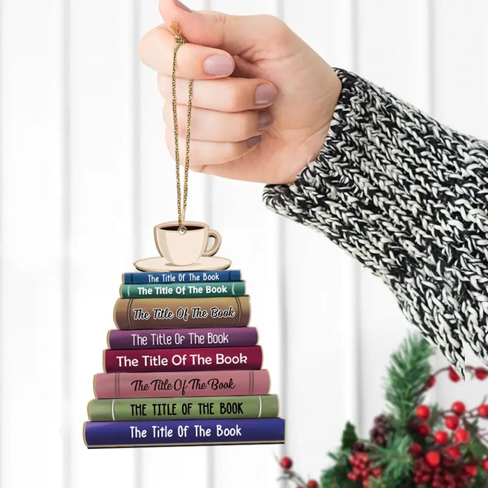 Book Stack With Tea - Personalized Gifts Custom Wooden Ornament For Her, Book Lovers