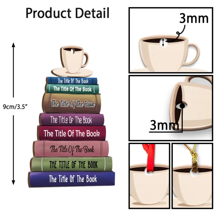 Book Stack With Tea - Personalized Gifts Custom Wooden Ornament For Her, Book Lovers